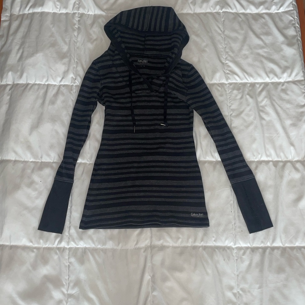 Stretchy Calvin Klein Black and Gray Striped Hoodie